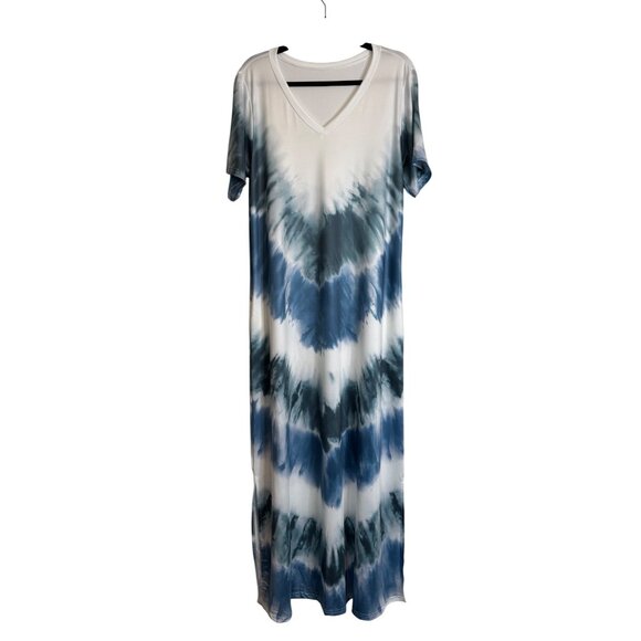 Boho M Tie-Dye Blue Beach Swim Coverup Maxi Dress V-Neck Short Sleeve Blue/White - Picture 3 of 10